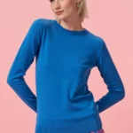 Sweter z wełny merino damski prosty niebieski